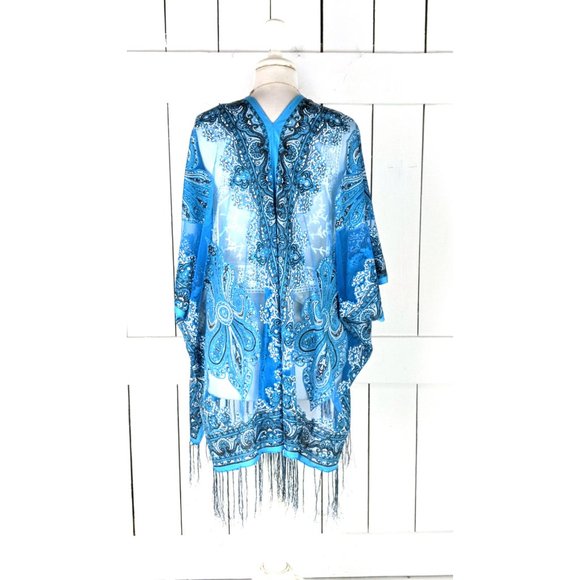 Blue paisley sheer stretch jersey burnout kimono cardigan jacket cover up - Picture 4 of 6